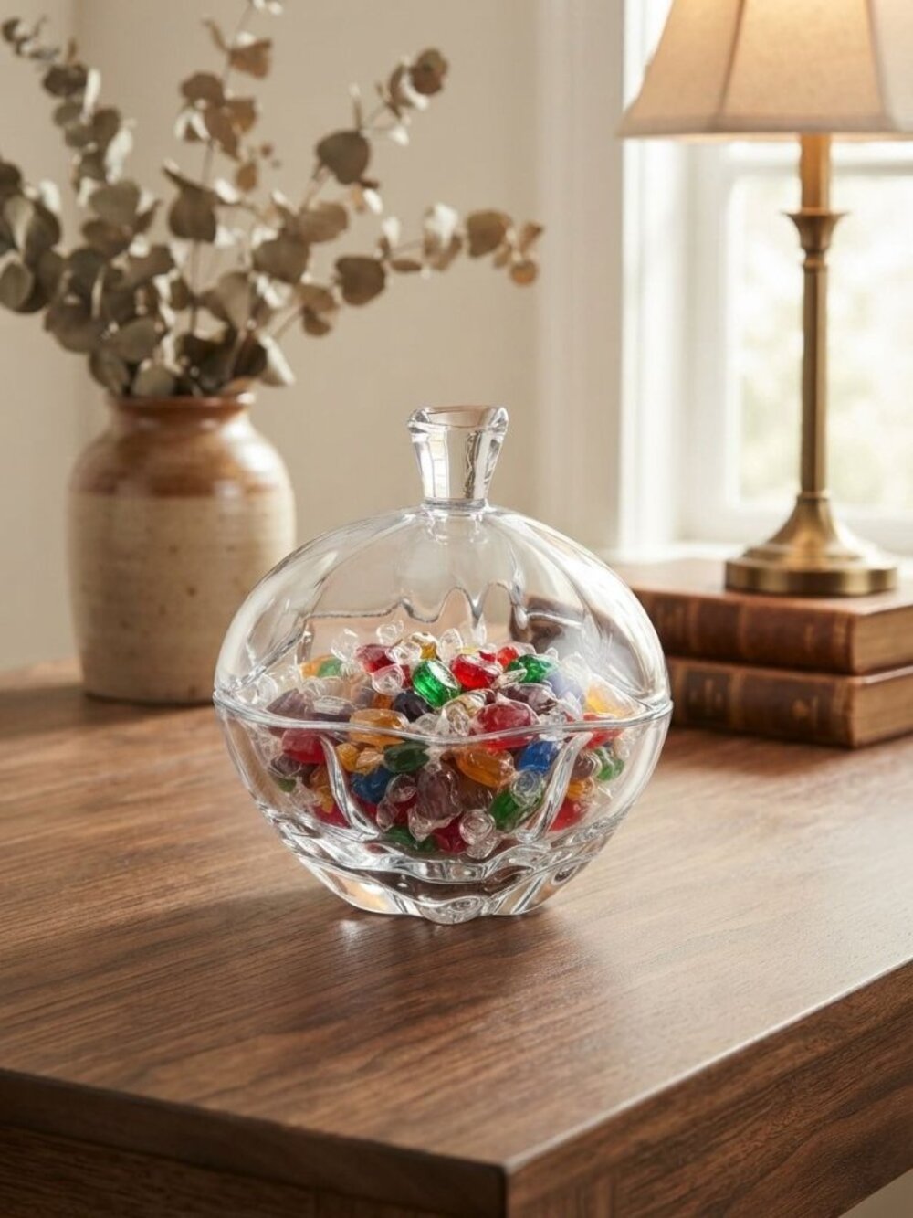Bohemia Crystal Vulcano Candy Box with Lid Clear Art Glass Covered Pumpkin Dish
